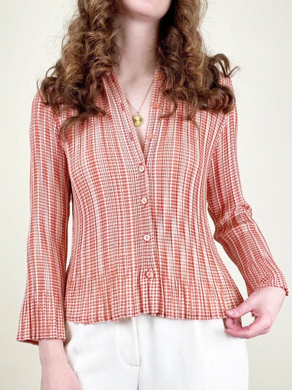 Vintage Plissé Gingham Pleated Shirt Blouse Romantic Western Cottagecore 90s Y2K